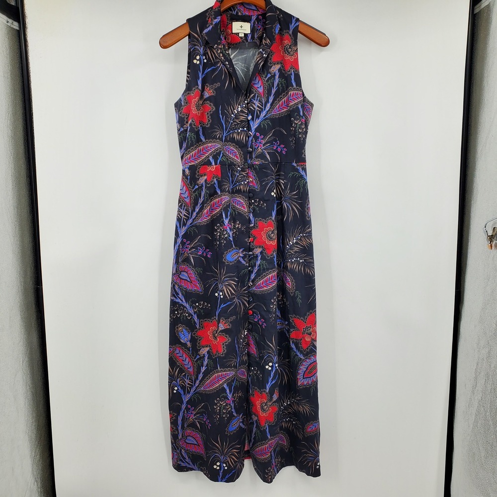 Tuckernuck Navy Blue Floral Paisley Button Front Midi Dress Pockets Med Career